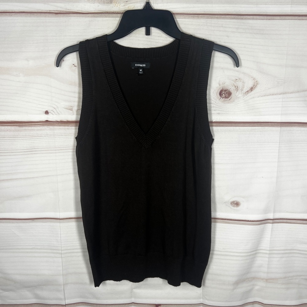 Express V-Neck Sweater Vest Women Medium Brown Solid Sleeveless Ribbed Trim Knit